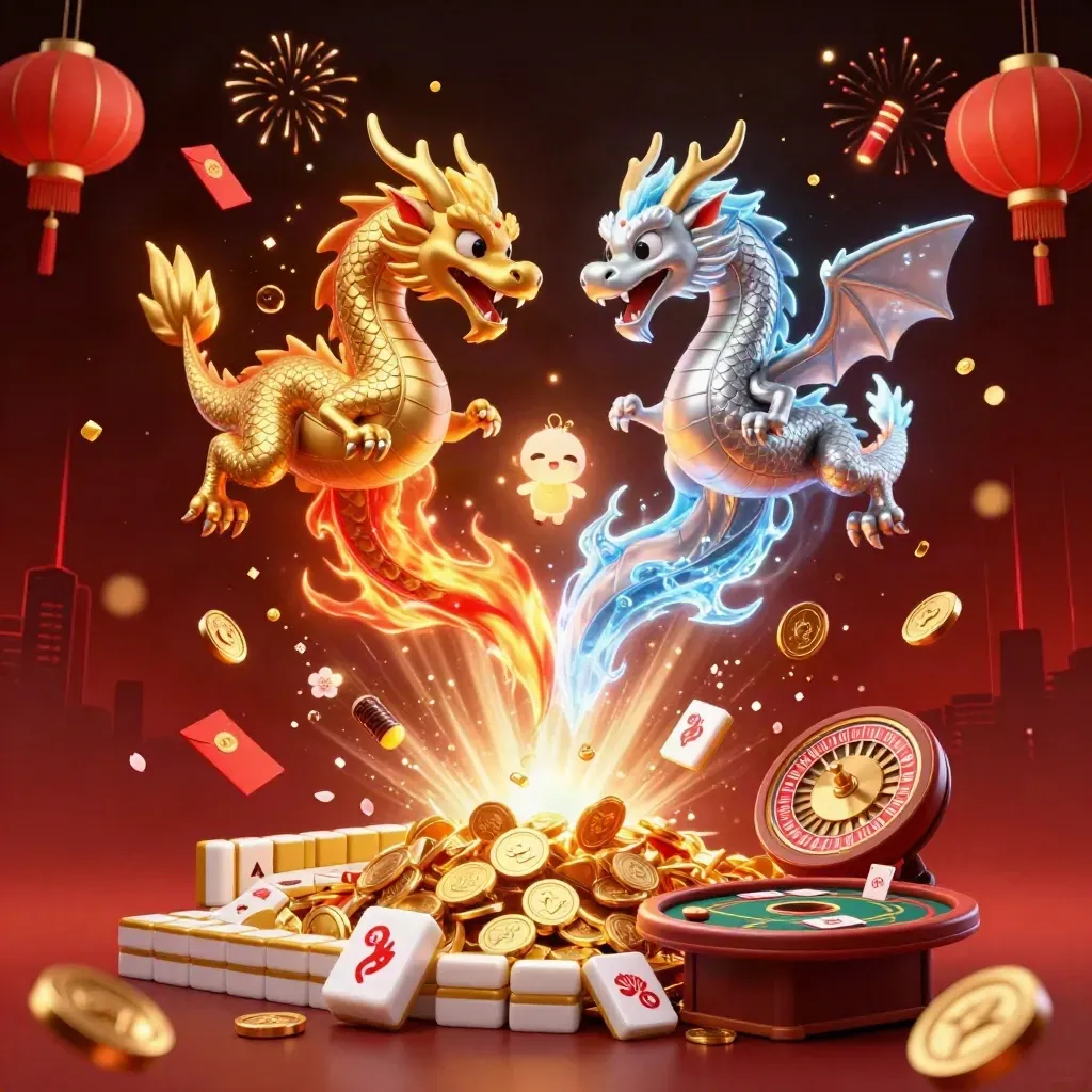 Twin gold and silver dragons burst amid coins, fireworks, lanterns, and casino tables.