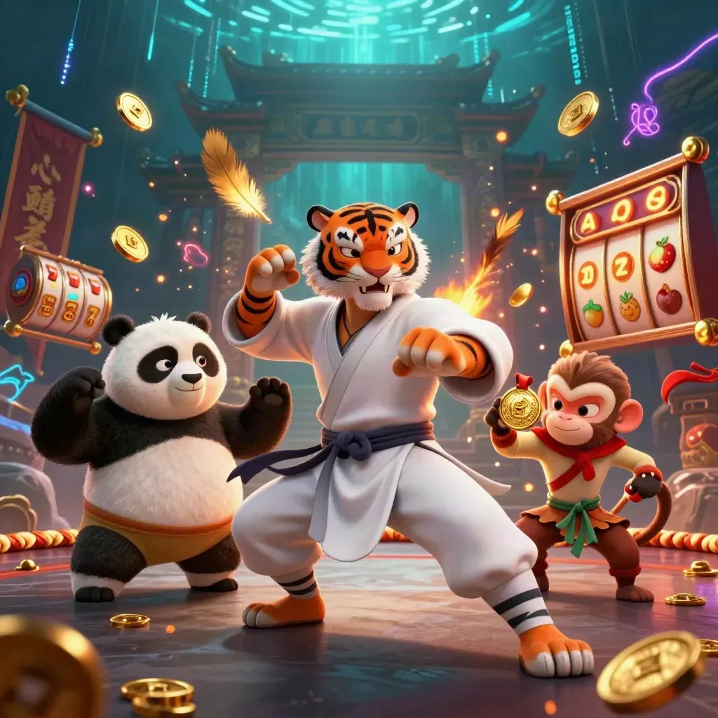 Kung-fu tiger, panda, and monkey in a neon casino temple with gold sparks and reels.