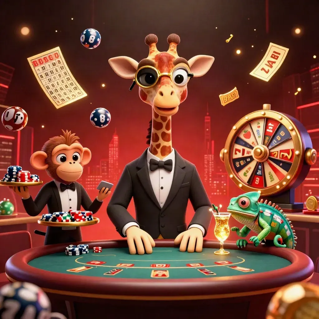 Giraffe, monkey, and chameleon casino heroes with cards, reels, and glowing gold effects.