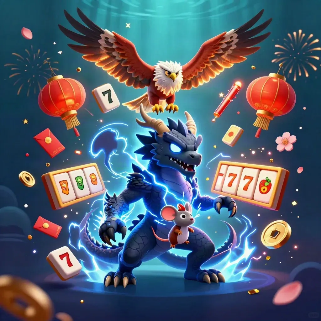 Thunder dragon trio amid casino lightning, gold coins, lanterns, and slot symbols on a dark neon backdrop.