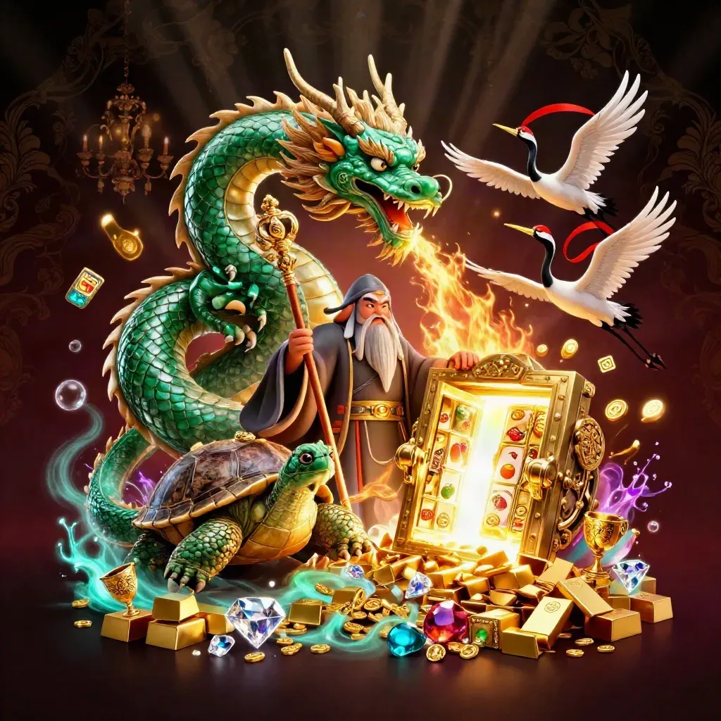Emerald dragon, turtle sage, and cranes amid vault, gold, gems, and neon casino effects