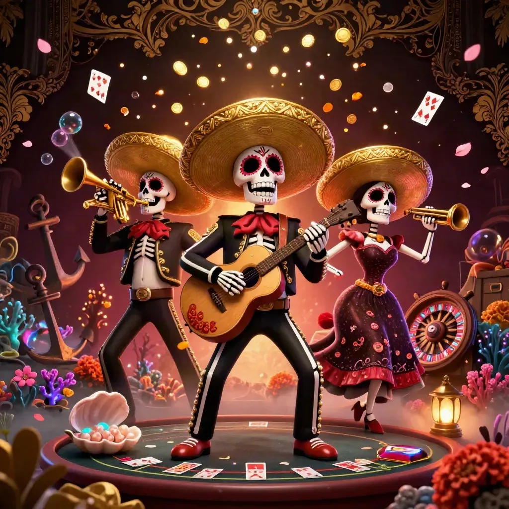 Three Day-of-the-Dead skeleton mariachi musicians amid casino treasure, roulette, cards, gold