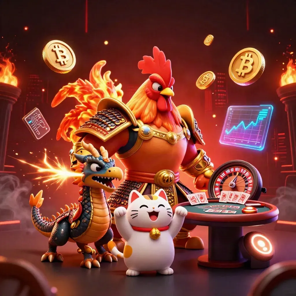 Rooster warrior, dragon hatchling and lucky cat amid casino symbols in gold and crimson.