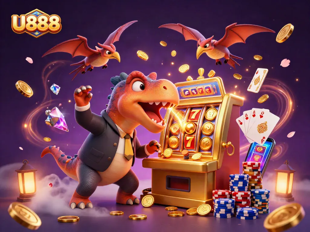 U888 casino scene featuring a cartoon dinosaur winning jackpots with dynamic games elements around