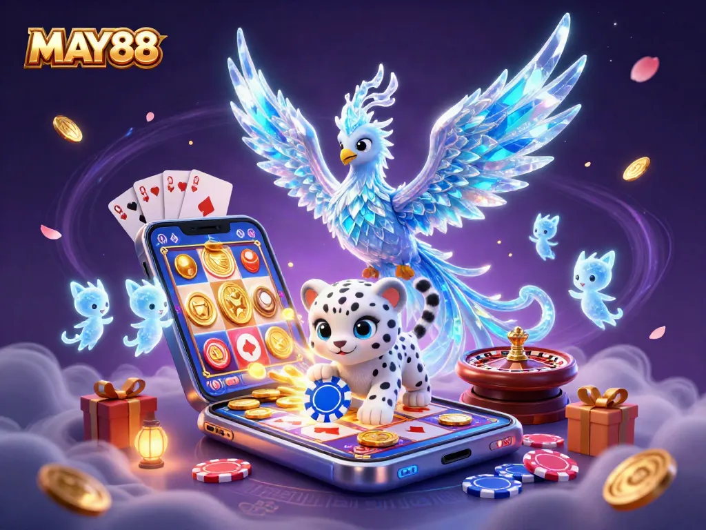MAY88 shines with an ice phoenix and snow leopard cub enjoying a vibrant casino scene with colorful games.