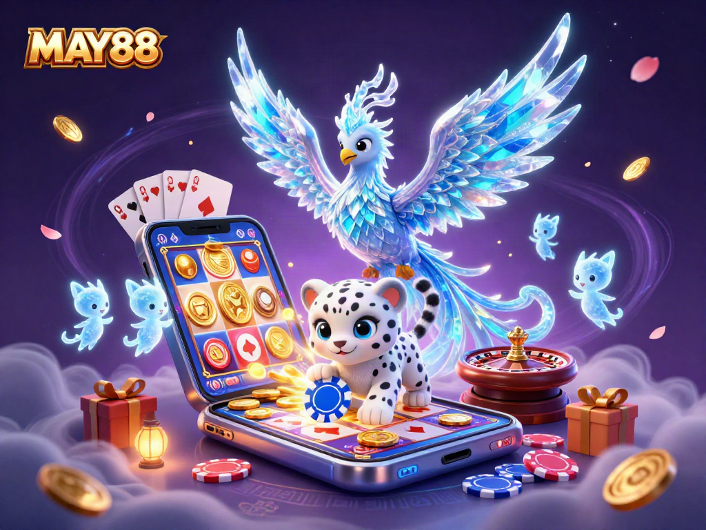 MAY88 shines with an ice phoenix and snow leopard cub enjoying a vibrant casino scene with colorful games.