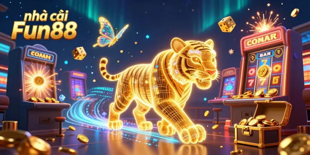 Engage in thrilling gaming at nhà cái Fun88 with an electrifying 3D casino scene full of excitement.