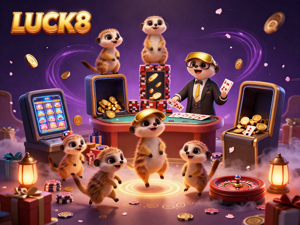LUCK8 meerkats operating a casino with vibrant games and golden coins, creating a dynamic gambling atmosphere.