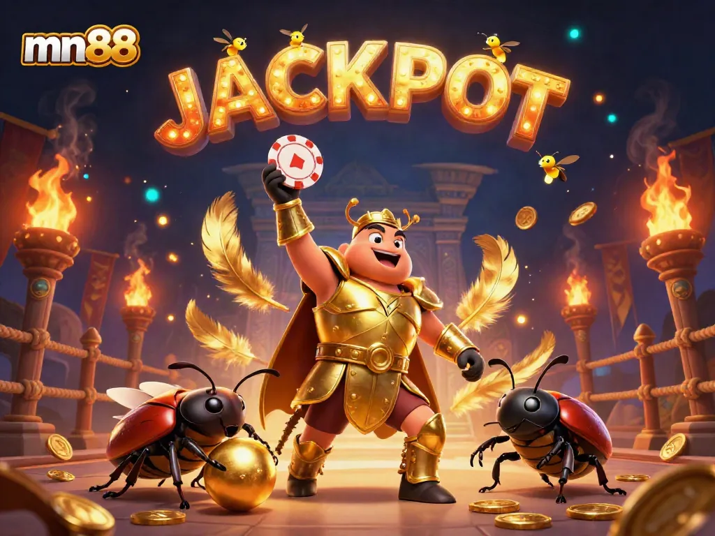 Engage with mn88 through dynamic gaming scenes featuring a heroic beetle winning in a casino.