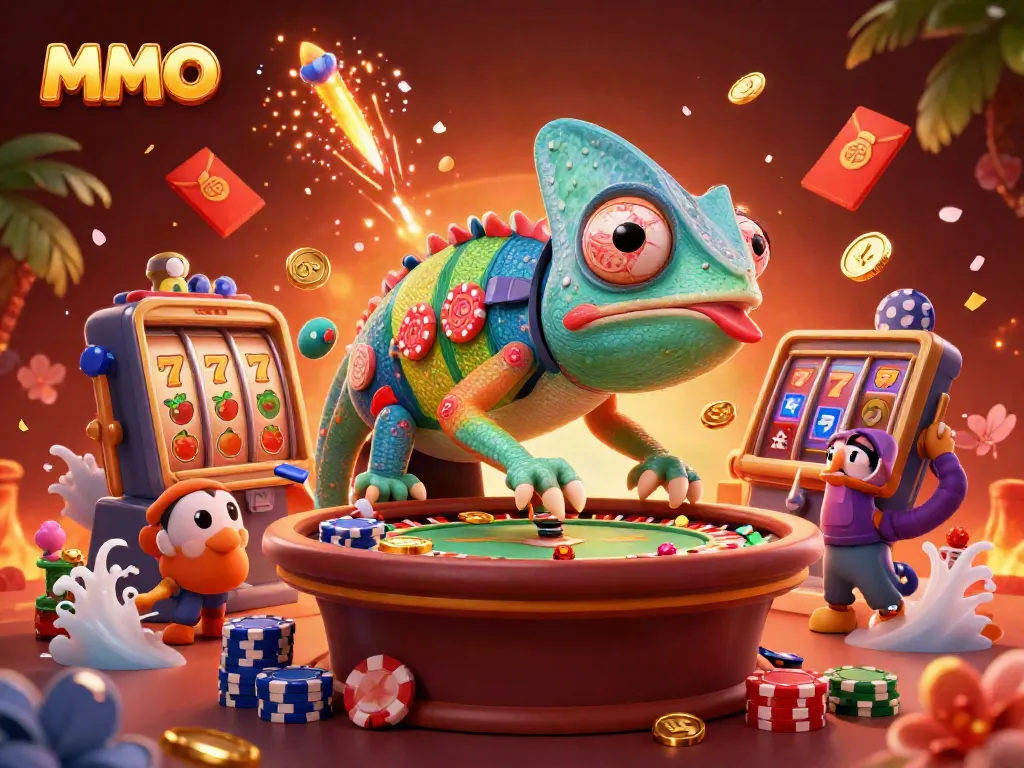 Win big with MMOO's vibrant casino atmosphere featuring a chameleon owner celebrating colorful slots and golden coins.
