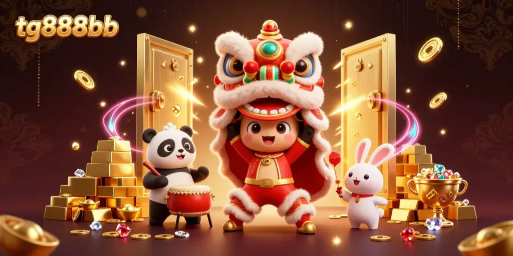 Celebrate with tc888bb in this vibrant 3D casino scene featuring colorful characters and dazzling treasures.