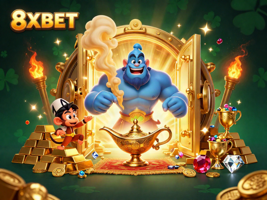 Experience thrilling luck with 8XBET in this dynamic casino scene featuring a magical genie and treasures.