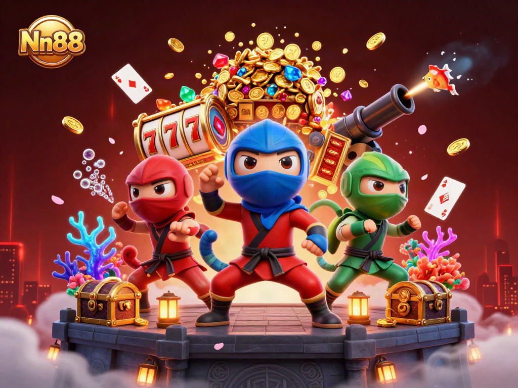 Nn88 showcases vibrant ninjas amidst explosive treasures and slots for dynamic gaming excitement.