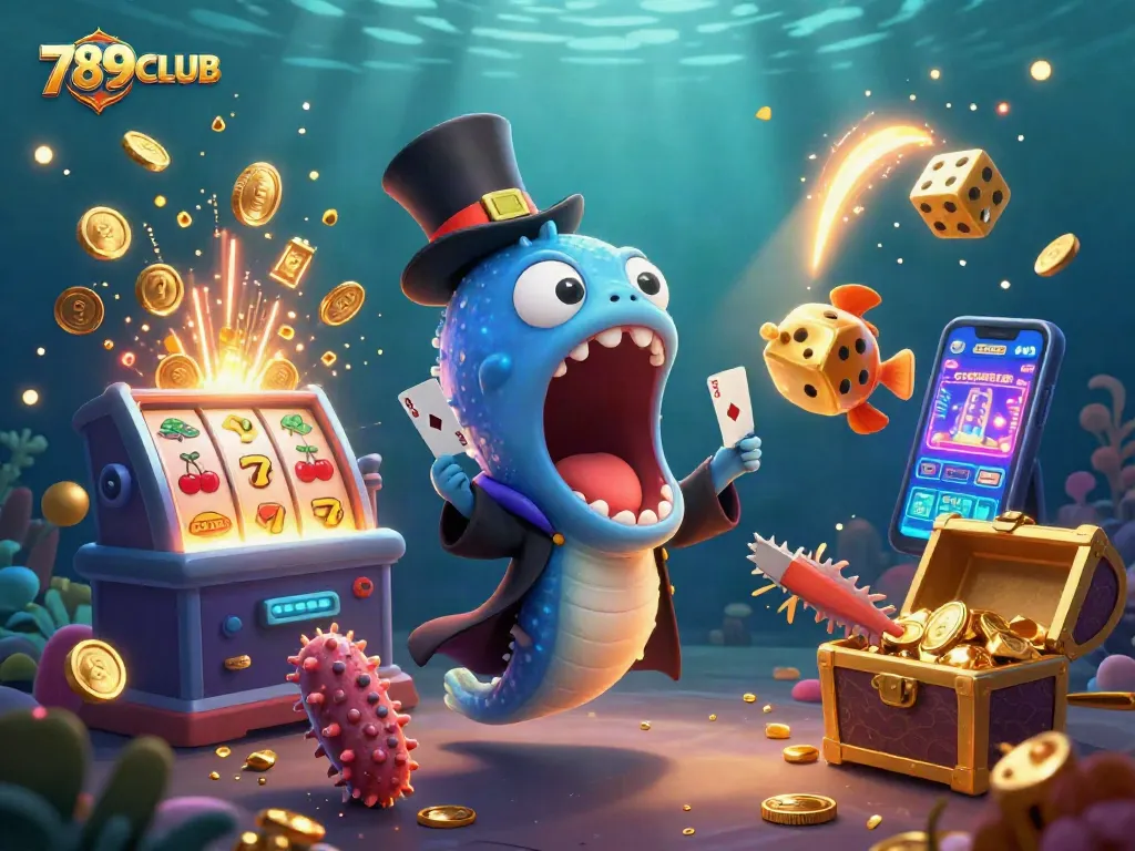 Engage in thrilling gameplay at 789CLUB with a vibrant underwater casino scene featuring dazzling slot machines and magic tricks.
