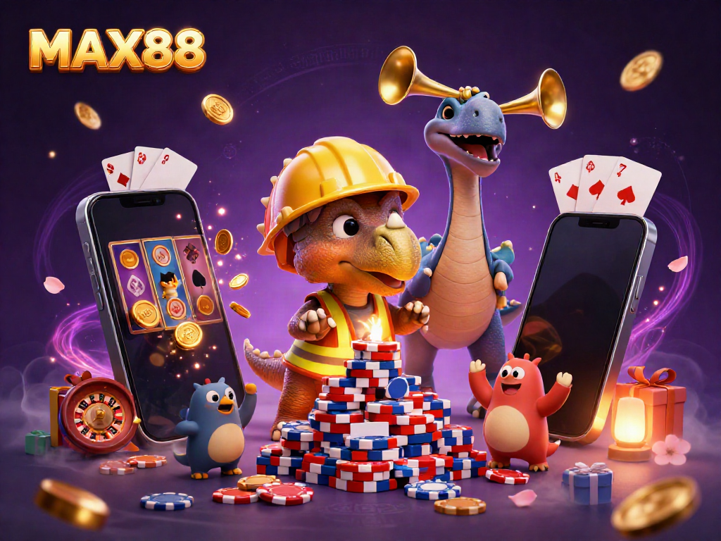 Engage in thrilling gaming at MAX88 with a vibrant 3D casino scene featuring a triceratops and celebratory elements.