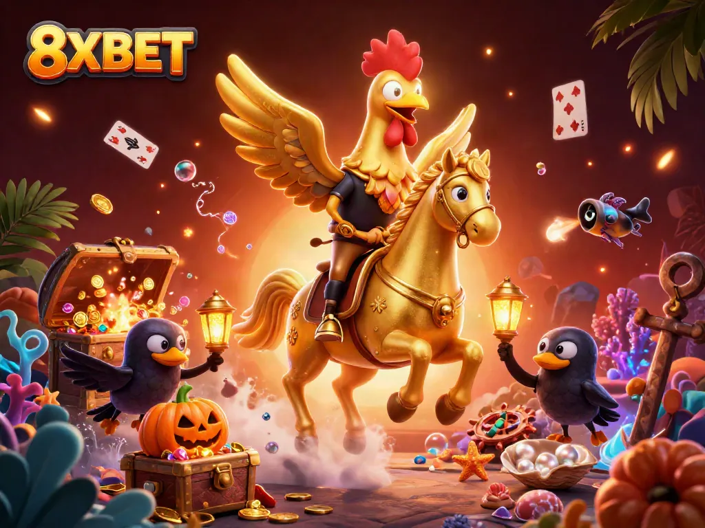Experience thrilling gameplay at 8XBET with a golden rooster in a vibrant casino scene.