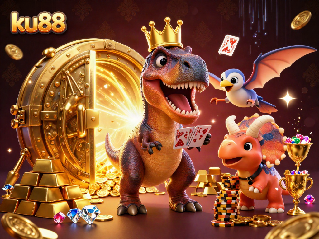 ku88 T-Rex shuffles cards with a pterodactyl assistant in a vibrant casino scene filled with treasures