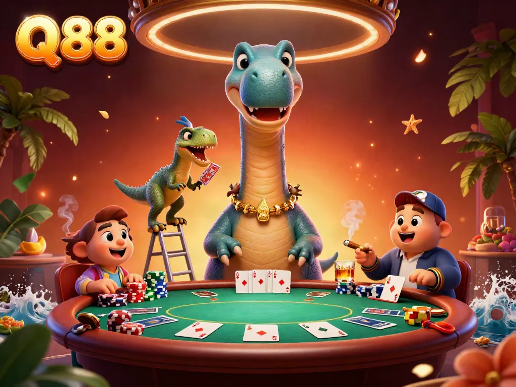 Experience the vibrant casino magic of Q88 with an epic 3D dinosaur poker scene featuring action and excitement.