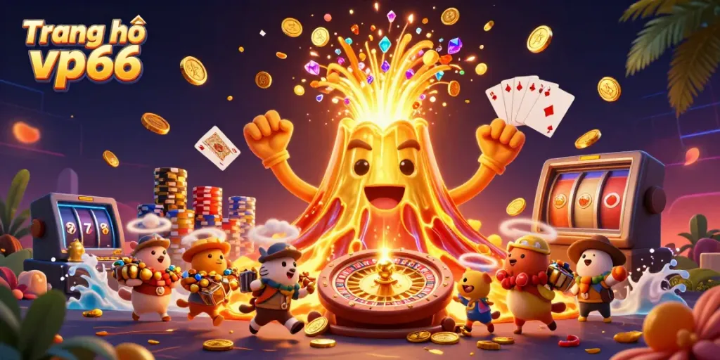 Engage with the vibrant world of Trang chủ vp66 featuring golden volcanoes, treasures, and dynamic casino elements.