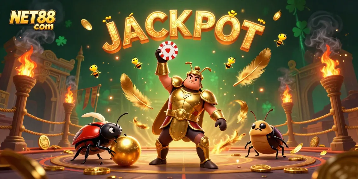 Engage with NET88 com in a vibrant, thrilling casino arena featuring a heroic beetle champion.