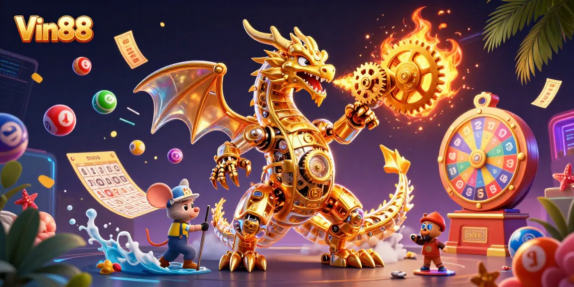 Experience thrilling gaming with Vin88's golden dragon and vibrant lottery elements in an action-packed scene.
