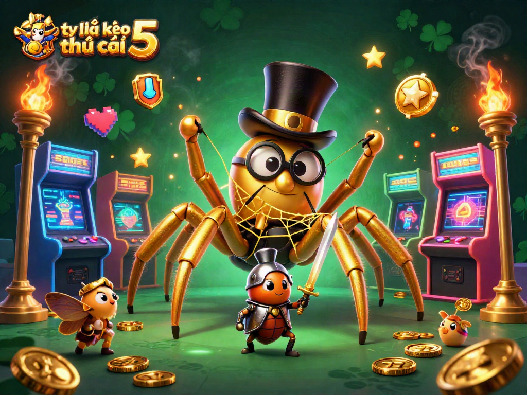Explore tỷ lệ kèo nhà cái 5 in an adventurous scene with a giant golden tarantula and a brave beetle knight amidst casino elements.