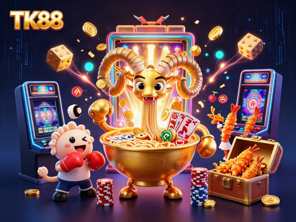 TK88 casino experience showcasing vibrant characters, thrilling slot machine, and energetic gameplay atmosphere.