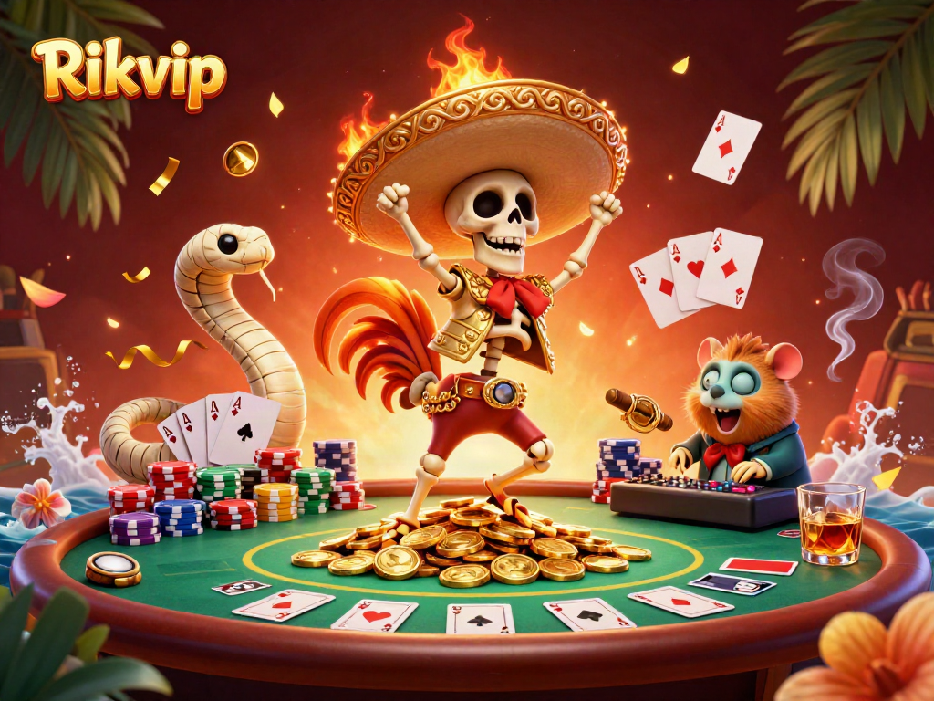 Experience thrilling action with Rikvip-inspired characters celebrating wins in a vibrant casino scene.