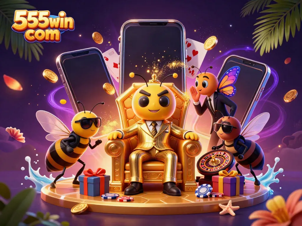 Experience thrilling wins with 555win com in this dynamic 3D casino scene featuring a cartoon bumblebee mob boss.