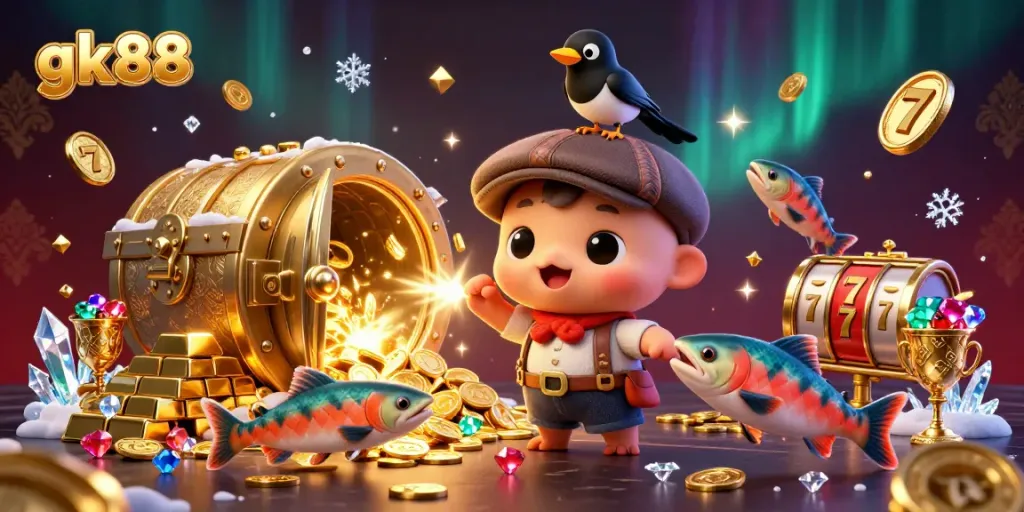 Experience thrilling slots and jackpots at gk88 with vibrant characters and gold treasures in a playful casino setting.