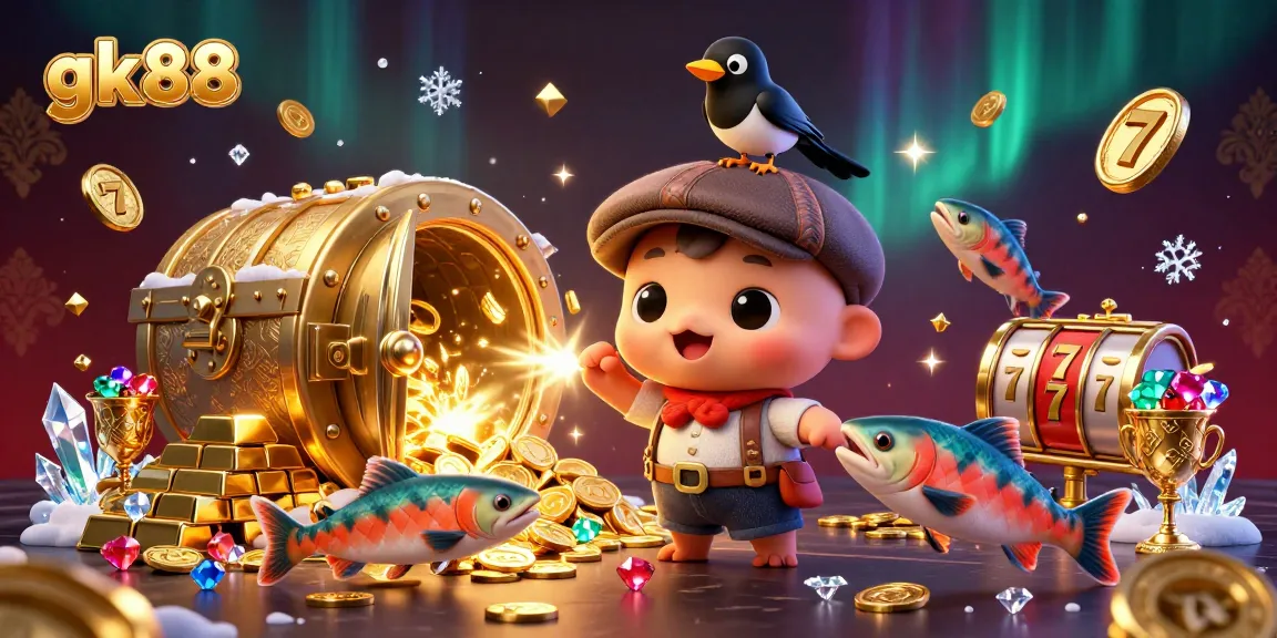 Experience thrilling slots and jackpots at gk88 with vibrant characters and gold treasures in a playful casino setting.