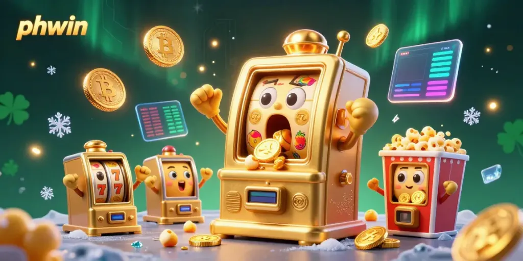 Watch the phwin slot machine celebrate its jackpot win with cheerful companions and vibrant game elements.