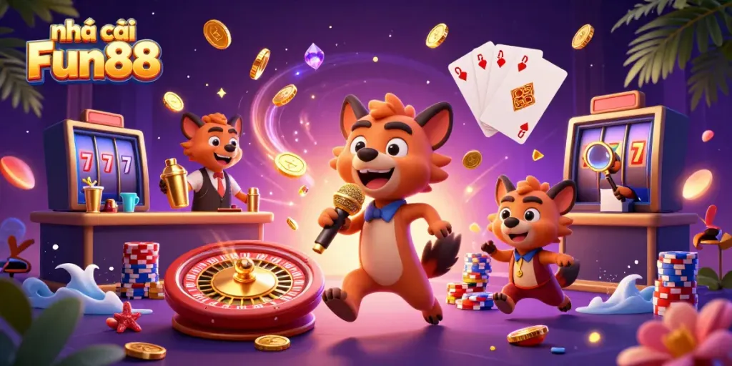 Enjoy exciting moments at nhà cái Fun88 with a vibrant casino scene featuring entertaining hyena characters.