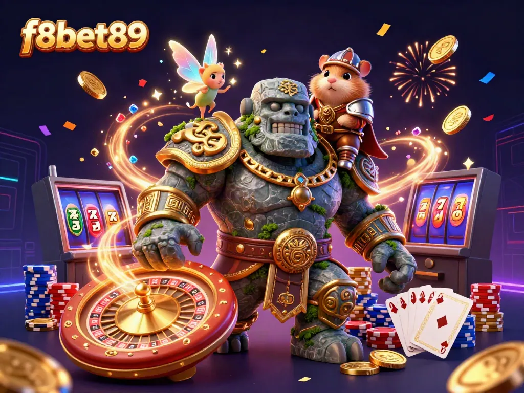 Celebrate big wins with f8bet89 in this vibrant and magical casino adventure illustration.