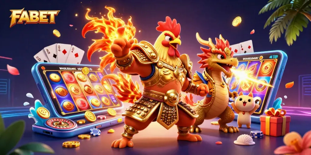 FABET's exciting gaming experience features vibrant characters against a dynamic casino backdrop.