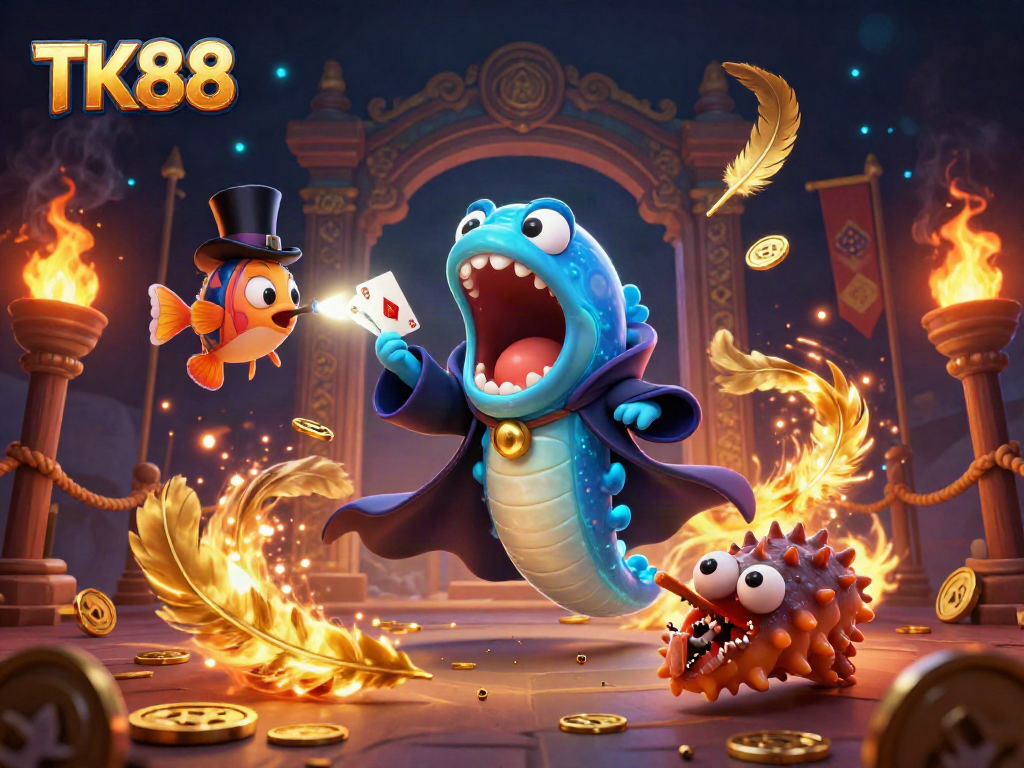 Engage in thrilling card tricks with TK88's animated characters in a vibrant casino scene.
