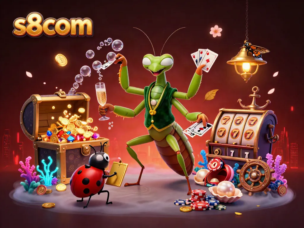 Experience thrill and excitement with s8com in this vibrant casino-inspired scene showcasing card dealing and slot machines.