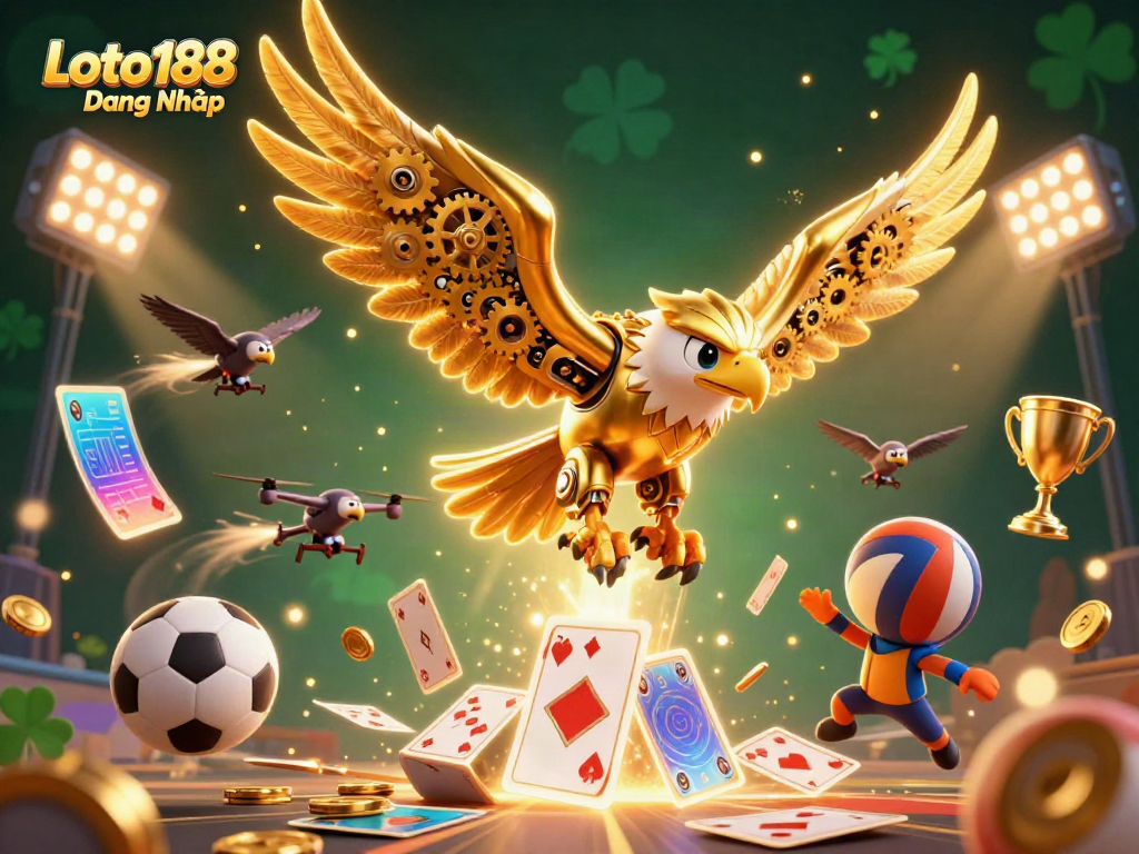 Experience the thrill of Loto188 Đăng Nhập with a dynamic scene featuring a cybernetic eagle and sports elements.