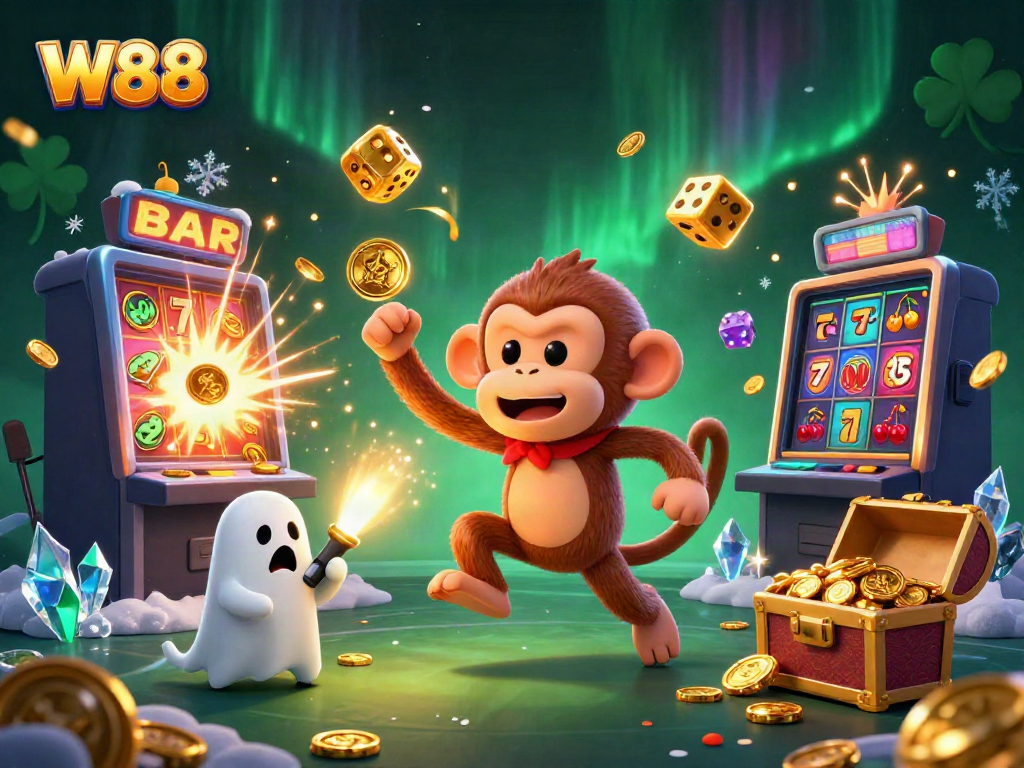 Experience W88's thrill with a mischievous monkey juggling coins in an animated casino.