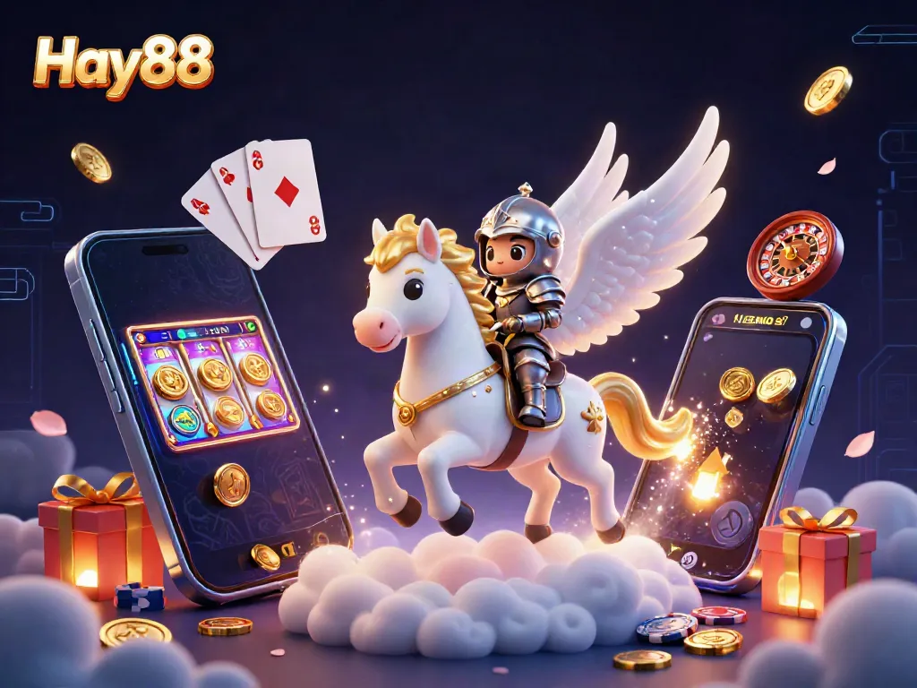 Hay88 captivates with a playful knight and celestial horse amid a vibrant casino scene.