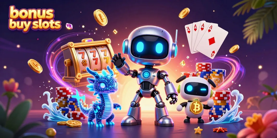Engage with bonus buy slots uk in a dynamic 3D illustration with colorful casino elements and characters.
