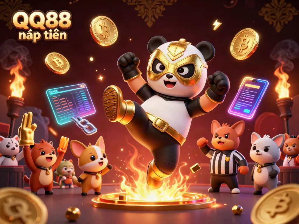 Experience thrilling gameplay with QQ88 nạp tiền featuring an epic wrestling match and cryptocurrency elements.