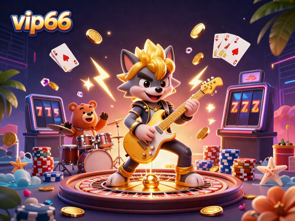 Experience the excitement of vip66 with a dynamic 3D casino scene featuring characters and sparkling elements.