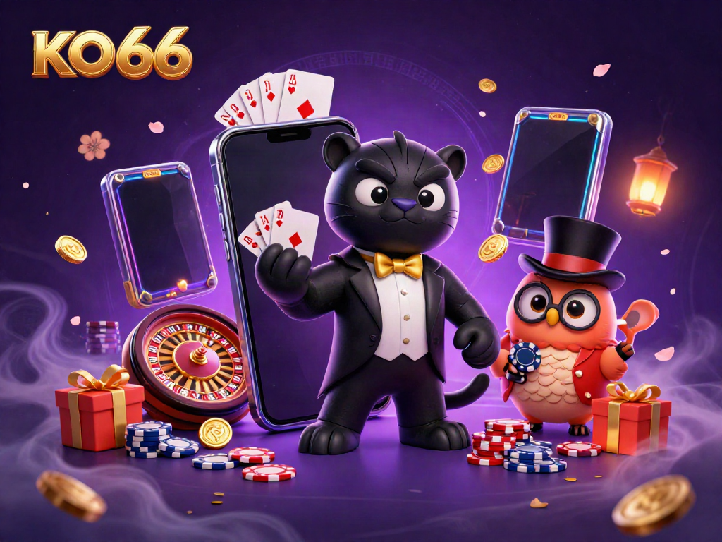 Engage with the captivating KO 66 scene, featuring a stylish panther dealing cards amidst vibrant casino elements.