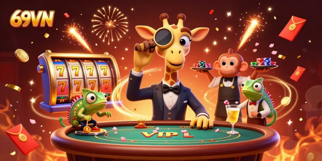 Experience thrilling wins like 69VN at the vibrant casino scene with high-roller giraffe and golden cocktail.