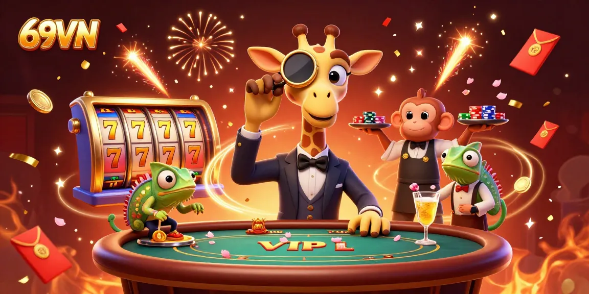 Experience thrilling wins like 69VN at the vibrant casino scene with high-roller giraffe and golden cocktail.