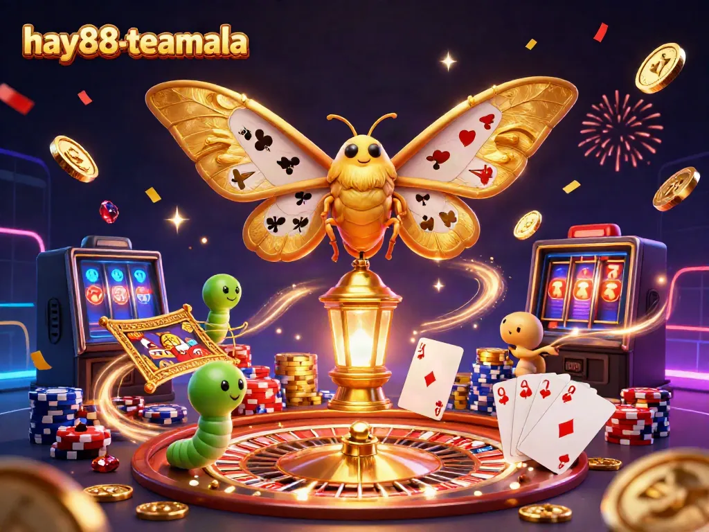 Experience the excitement at hay88-teamala with a vibrant casino-themed digital illustration showcasing a moth, golden coins, and rich gaming elements.