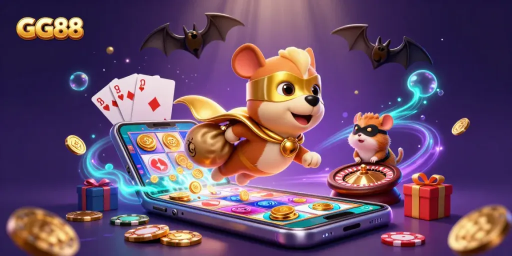 Experience the excitement of GG88 with a dynamic scene featuring a superhero dog and gaming elements.