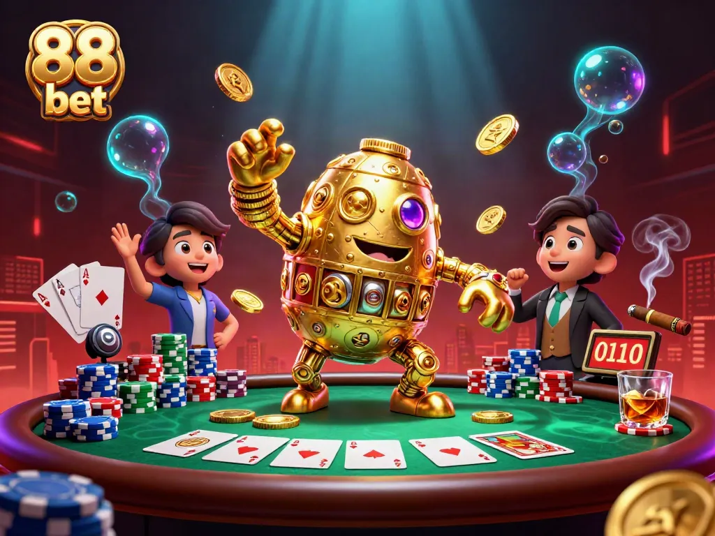 Engage in thrilling gameplay with 88 bet, highlighted by a vibrant casino scene with a golden golem.