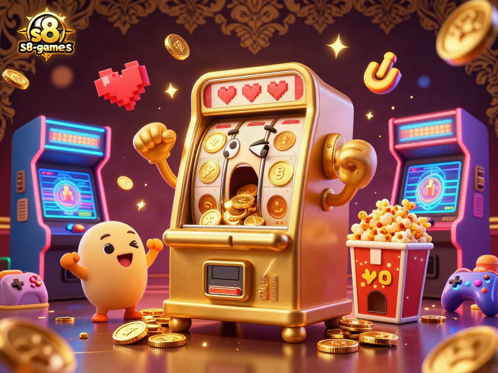 Winning coins spill from the s8-games slot machine as it hits the jackpot in this animated casino scene.